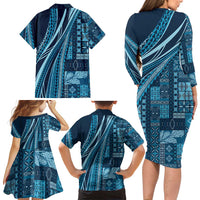 Pasifika Women's Day - Samoa Siapo Malu Tattoo Inspired Family Matching Long Sleeve Bodycon Dress and Hawaiian Shirt Navy Blue