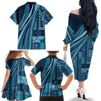 Pasifika Women's Day - Samoa Siapo Malu Tattoo Inspired Family Matching Off The Shoulder Long Sleeve Dress and Hawaiian Shirt Navy Blue
