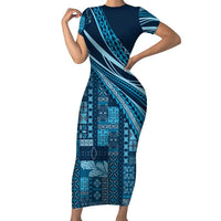 Pasifika Women's Day - Samoa Siapo Malu Tattoo Inspired Family Matching Short Sleeve Bodycon Dress and Hawaiian Shirt Navy Blue