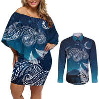 New Zealand Matariki Couples Matching Off Shoulder Short Dress and Long Sleeve Button Shirt Starry Night Style LT7 Navy - Polynesian Pride