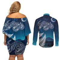 New Zealand Matariki Couples Matching Off Shoulder Short Dress and Long Sleeve Button Shirt Starry Night Style LT7 - Polynesian Pride
