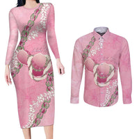 Hawaii Maui Island Flowers Lei Couples Matching Long Sleeve Bodycon Dress and Long Sleeve Button Shirt Lokelani Rose Pink