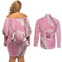 Hawaii Maui Island Flowers Lei Couples Matching Off Shoulder Short Dress and Long Sleeve Button Shirt Lokelani Rose Pink