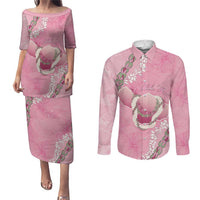 Hawaii Maui Island Flowers Lei Couples Matching Puletasi and Long Sleeve Button Shirt Lokelani Rose Pink
