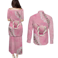 Hawaii Maui Island Flowers Lei Couples Matching Puletasi and Long Sleeve Button Shirt Lokelani Rose Pink