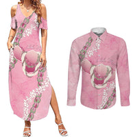 Hawaii Maui Island Flowers Lei Couples Matching Summer Maxi Dress and Long Sleeve Button Shirt Lokelani Rose Pink