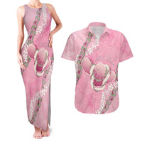 Hawaii Maui Island Flowers Lei Couples Matching Tank Maxi Dress and Hawaiian Shirt Lokelani Rose Pink