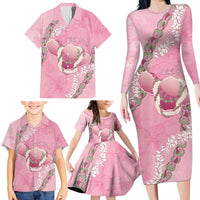 Hawaii Maui Island Flowers Lei Family Matching Long Sleeve Bodycon Dress and Hawaiian Shirt Lokelani Rose Pink