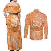 Hawaii Lanai Island Flowers Lei Couples Matching Off Shoulder Maxi Dress and Long Sleeve Button Shirt Orange Kaunaoa Mix Maile