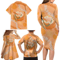 Hawaii Lanai Island Flowers Lei Family Matching Long Sleeve Bodycon Dress and Hawaiian Shirt Orange Kaunaoa Mix Maile