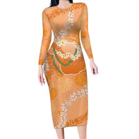 Hawaii Lanai Island Flowers Lei Long Sleeve Bodycon Dress Orange Kaunaoa Mix Maile