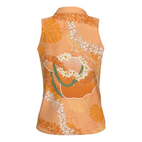 Hawaii Lanai Island Flowers Lei Women Sleeveless Polo Shirt Orange Kaunaoa Mix Maile