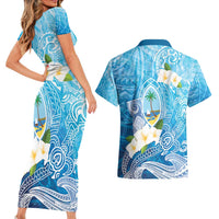 Hafa Adai Guam Chamorro Personalized Couples Matching Short Sleeve Bodycon Dress and Hawaiian Shirt Ocean Blue Latte Stone with Guasali - Polynesian Pride