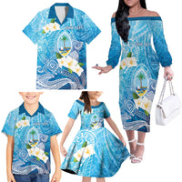 Hafa Adai Guam Chamorro Personalized Family Matching Off The Shoulder Long Sleeve Dress and Hawaiian Shirt Ocean Blue Latte Stone with Guasali - Polynesian Pride