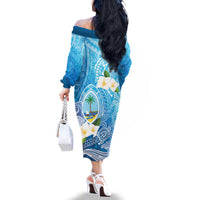 Hafa Adai Guam Chamorro Personalized Family Matching Off The Shoulder Long Sleeve Dress and Hawaiian Shirt Ocean Blue Latte Stone with Guasali - Polynesian Pride