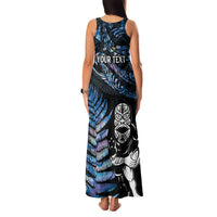 New Zealand Maori Rugby Personalised Family Matching Tank Maxi Dress and Hawaiian Shirt Ta Moko Silver Fern - Paua Blue