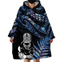 New Zealand Maori Rugby Personalised Wearable Blanket Hoodie Ta Moko Silver Fern - Paua Blue