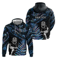New Zealand Maori Rugby Personalised Zip Hoodie Ta Moko Silver Fern - Paua Blue