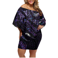 New Zealand Maori Rugby Personalised Family Matching Off Shoulder Short Dress and Hawaiian Shirt Ta Moko Silver Fern - Paua Purple