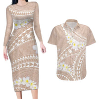 Polynesian Vintage Floral Couples Matching Long Sleeve Bodycon Dress and Hawaiian Shirt Beige Motifs - Polynesian Pride