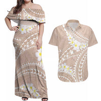 Polynesian Vintage Floral Couples Matching Off Shoulder Maxi Dress and Hawaiian Shirt Beige Motifs - Polynesian Pride