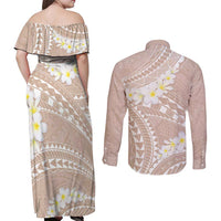 Polynesian Vintage Floral Couples Matching Off Shoulder Maxi Dress and Long Sleeve Button Shirt Beige Motifs - Polynesian Pride