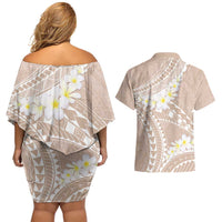 Polynesian Vintage Floral Couples Matching Off Shoulder Short Dress and Hawaiian Shirt Beige Motifs - Polynesian Pride