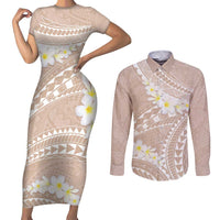 Polynesian Vintage Floral Couples Matching Short Sleeve Bodycon Dress and Long Sleeve Button Shirt Beige Motifs - Polynesian Pride