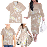 Polynesian Vintage Floral Family Matching Off The Shoulder Long Sleeve Dress and Hawaiian Shirt Beige Motifs - Polynesian Pride