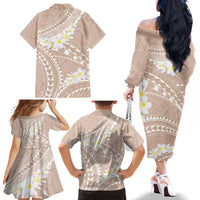 Polynesian Vintage Floral Family Matching Off The Shoulder Long Sleeve Dress and Hawaiian Shirt Beige Motifs - Polynesian Pride