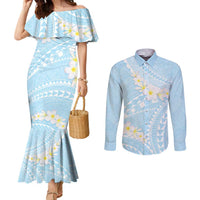 Polynesian Vintage Floral Couples Matching Mermaid Dress and Long Sleeve Button Shirt Azure Motifs - Polynesian Pride