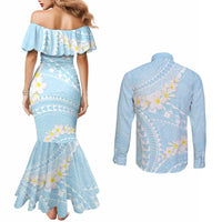 Polynesian Vintage Floral Couples Matching Mermaid Dress and Long Sleeve Button Shirt Azure Motifs - Polynesian Pride
