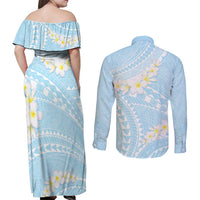 Polynesian Vintage Floral Couples Matching Off Shoulder Maxi Dress and Long Sleeve Button Shirt Azure Motifs - Polynesian Pride