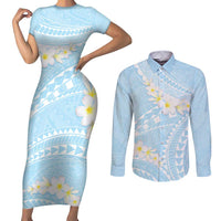Polynesian Vintage Floral Couples Matching Short Sleeve Bodycon Dress and Long Sleeve Button Shirt Azure Motifs - Polynesian Pride