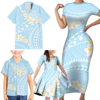 Polynesian Vintage Floral Family Matching Short Sleeve Bodycon Dress and Hawaiian Shirt Azure Motifs - Polynesian Pride
