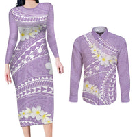 Polynesian Vintage Floral Couples Matching Long Sleeve Bodycon Dress and Long Sleeve Button Shirt Lavender Motifs - Polynesian Pride