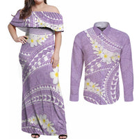 Polynesian Vintage Floral Couples Matching Off Shoulder Maxi Dress and Long Sleeve Button Shirt Lavender Motifs - Polynesian Pride