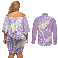 Polynesian Vintage Floral Couples Matching Off Shoulder Short Dress and Long Sleeve Button Shirt Lavender Motifs - Polynesian Pride