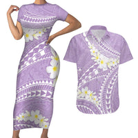 Polynesian Vintage Floral Couples Matching Short Sleeve Bodycon Dress and Hawaiian Shirt Lavender Motifs - Polynesian Pride
