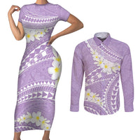Polynesian Vintage Floral Couples Matching Short Sleeve Bodycon Dress and Long Sleeve Button Shirt Lavender Motifs - Polynesian Pride