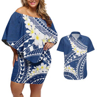 Polynesian Vintage Floral Couples Matching Off Shoulder Short Dress and Hawaiian Shirt Navy Blue Motifs - Polynesian Pride