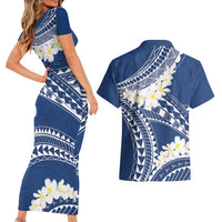 Polynesian Vintage Floral Couples Matching Short Sleeve Bodycon Dress and Hawaiian Shirt Navy Blue Motifs - Polynesian Pride