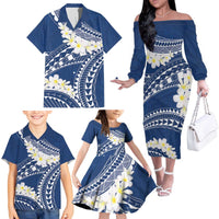 Polynesian Vintage Floral Family Matching Off The Shoulder Long Sleeve Dress and Hawaiian Shirt Navy Blue Motifs - Polynesian Pride