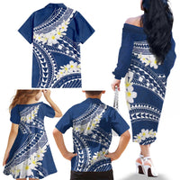 Polynesian Vintage Floral Family Matching Off The Shoulder Long Sleeve Dress and Hawaiian Shirt Navy Blue Motifs - Polynesian Pride