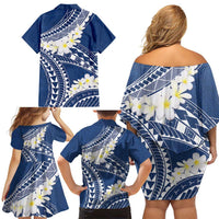 Polynesian Vintage Floral Family Matching Off Shoulder Short Dress and Hawaiian Shirt Navy Blue Motifs - Polynesian Pride