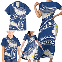 Polynesian Vintage Floral Family Matching Short Sleeve Bodycon Dress and Hawaiian Shirt Navy Blue Motifs - Polynesian Pride