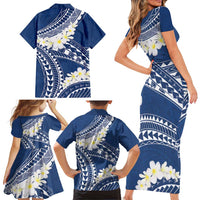 Polynesian Vintage Floral Family Matching Short Sleeve Bodycon Dress and Hawaiian Shirt Navy Blue Motifs - Polynesian Pride