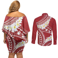 Polynesian Vintage Floral Couples Matching Off Shoulder Short Dress and Long Sleeve Button Shirt Scarlet Motifs - Polynesian Pride