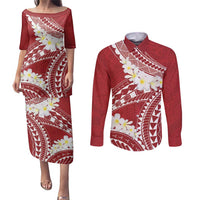 Polynesian Vintage Floral Couples Matching Puletasi and Long Sleeve Button Shirt Scarlet Motifs - Polynesian Pride
