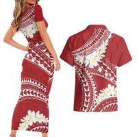 Polynesian Vintage Floral Couples Matching Short Sleeve Bodycon Dress and Hawaiian Shirt Scarlet Motifs - Polynesian Pride